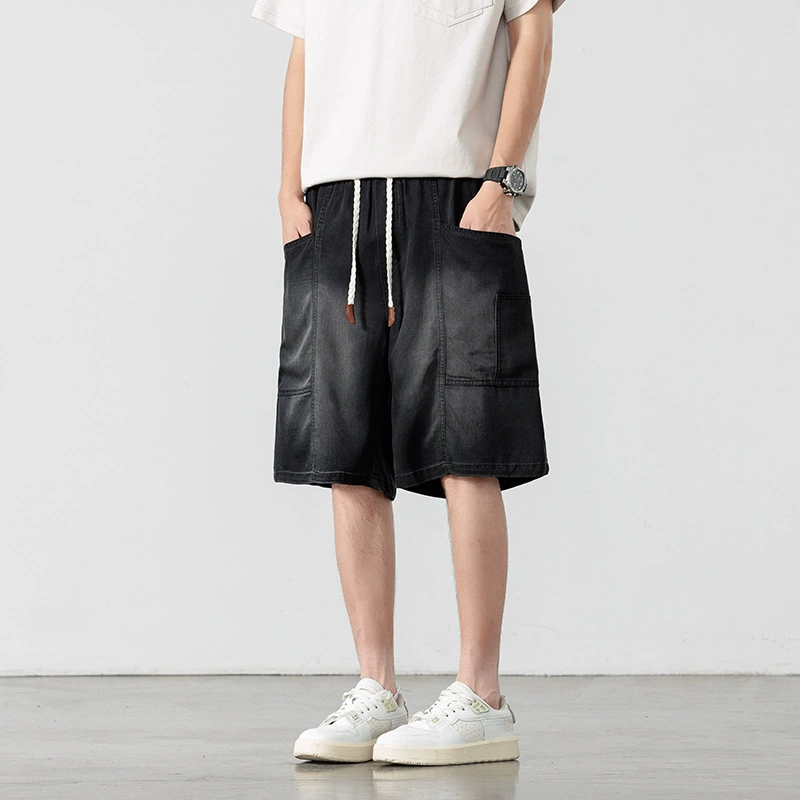 JYF-C2392 Американские уличные ретро джинсовые шорты с эластичной резинкой на талии, мужские свободные прямые модные брендовые шорты для отдыха на улице