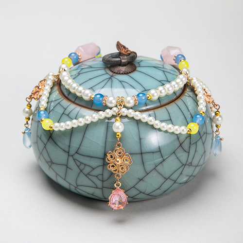 Ancient style soft pink crystal necklace, women's Hanfu accessories, glass pendant, Ming-made cheongsam, sweet jewelry 35GF214