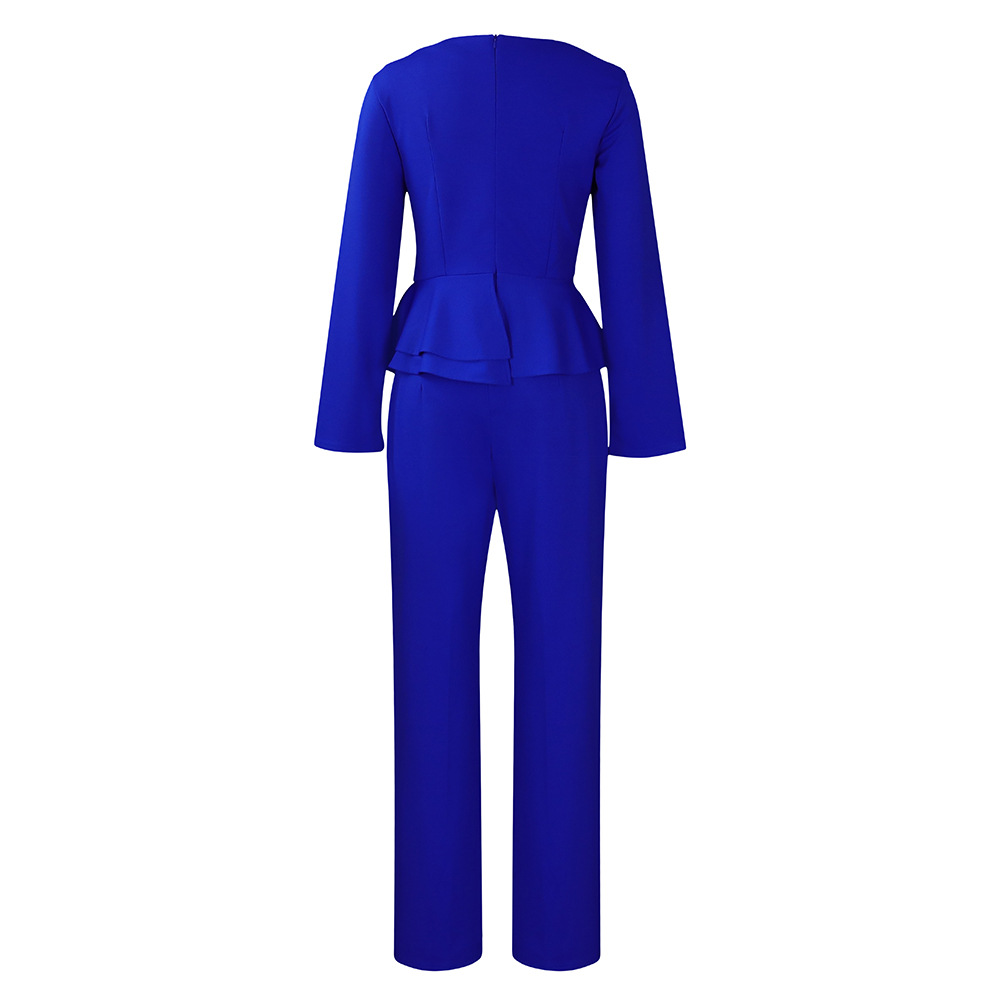Autumn and winter women's new long-sleeved elegant temperament OL ruffled V-neck tops and pants two-piece set_voghion.com