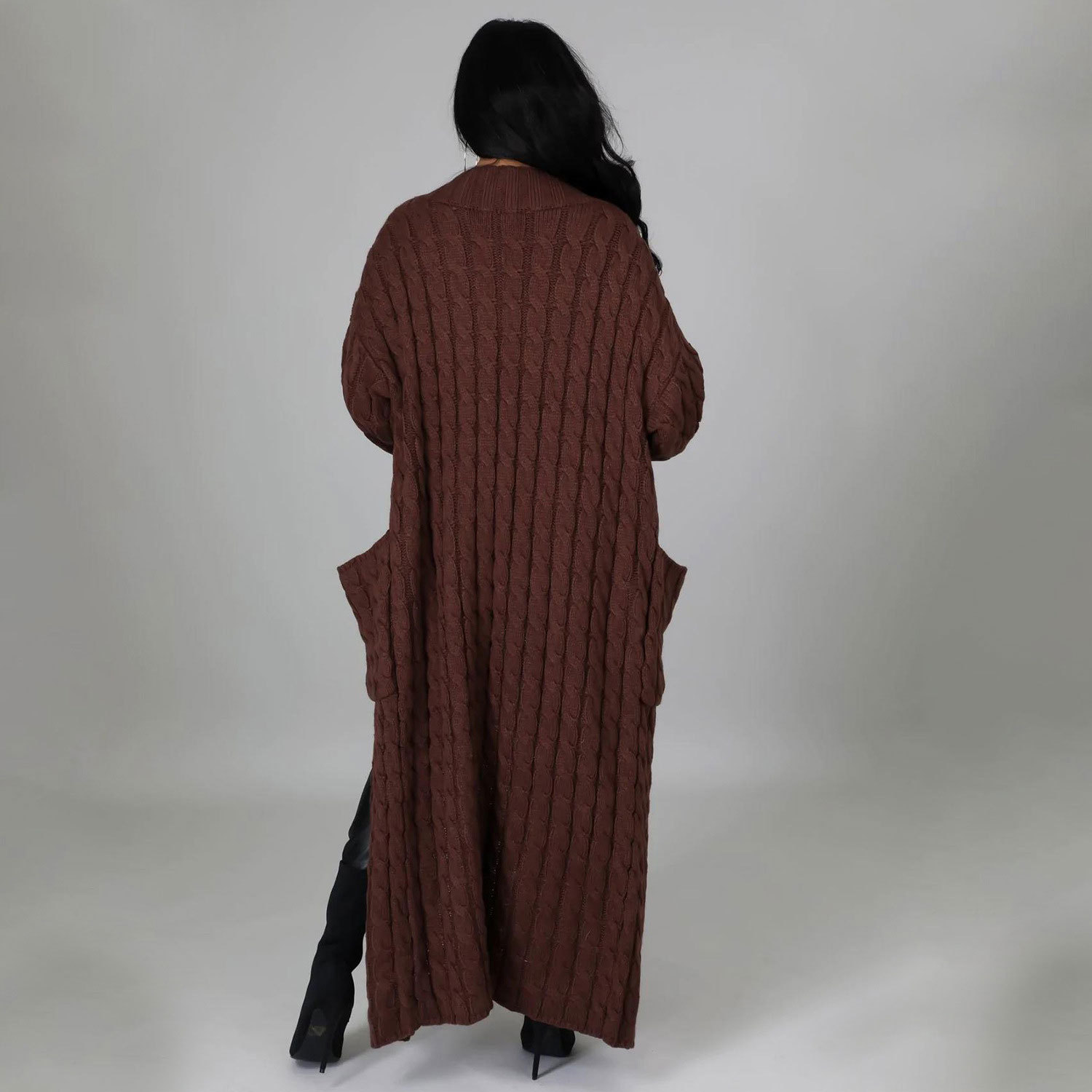 Damen Strickjacke Lang Aus Grobstrick In Unifarben Wintermantel_voghion.com