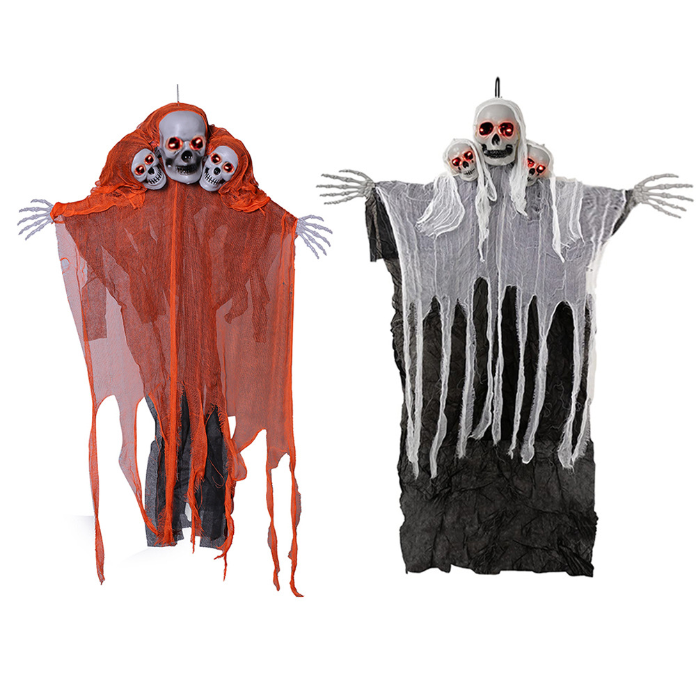 Halloween control de voz iluminado tres cabezas calavera colgante gran puerta de la habitación fantasma accesorios colgantes grandes fantasmas