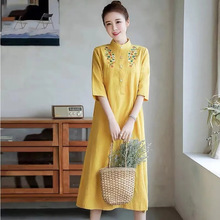 速卖通2023年秋夏季女士新款七分袖复古旗袍改良立领宽松中长裙子