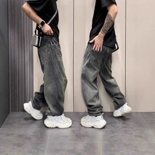 高街洗水牛仔裤男士痞帅潮ins宽松休闲美式复古直筒阔腿老爹长裤.