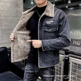 牛仔夹克棉服男韩版潮流修身刺绣仿羊羔绒毛领外套帅气青年加厚冬