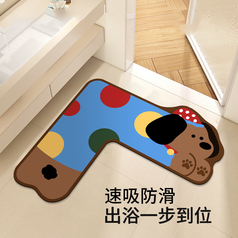 Cartoon L-Shaped Corner Bathroom Floor Mat Diatom Mud Bathroom Dry Area Absorbent Foot Mat Bathroom Door Non-Slip Mat
