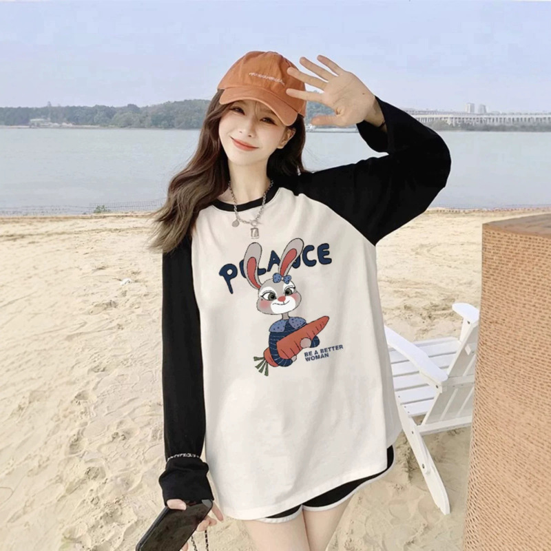 Maternity wear black and white contrast color patchwork long-sleeve T-shirt, American style raglan loose cartoon rabbit print top two-piece set