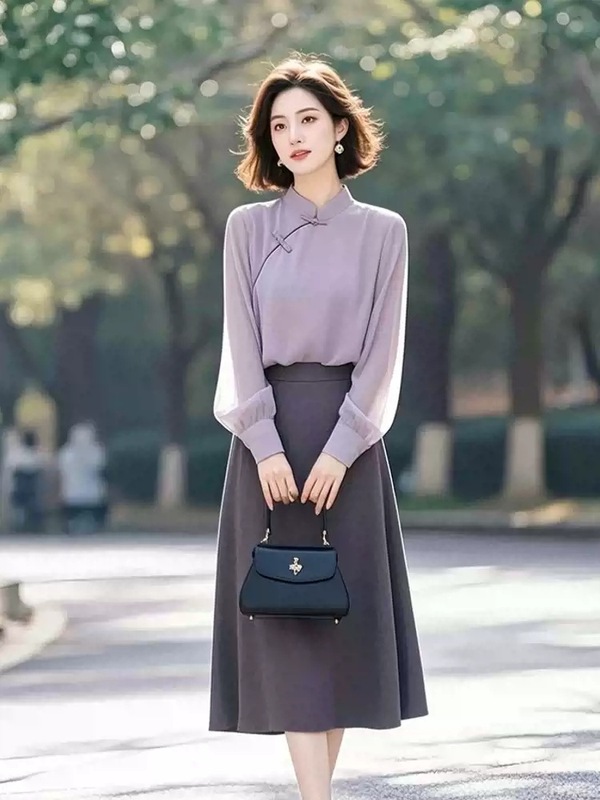 小个子新中式国风衬衫两件套女装开春紫色盘扣系穿搭气质套装裙子|undefined