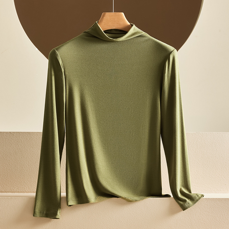 Otoño e invierno nueva camisa de fondo modal de cuello medio alto para mujer delgada de manga larga con ropa de otoño de color sólido