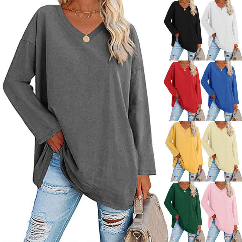 2022 European and American Oversized Women's T-Shirt 2022 Amazon Export New Color Loose Shoulder Sleeve V Neck Color Women's Top