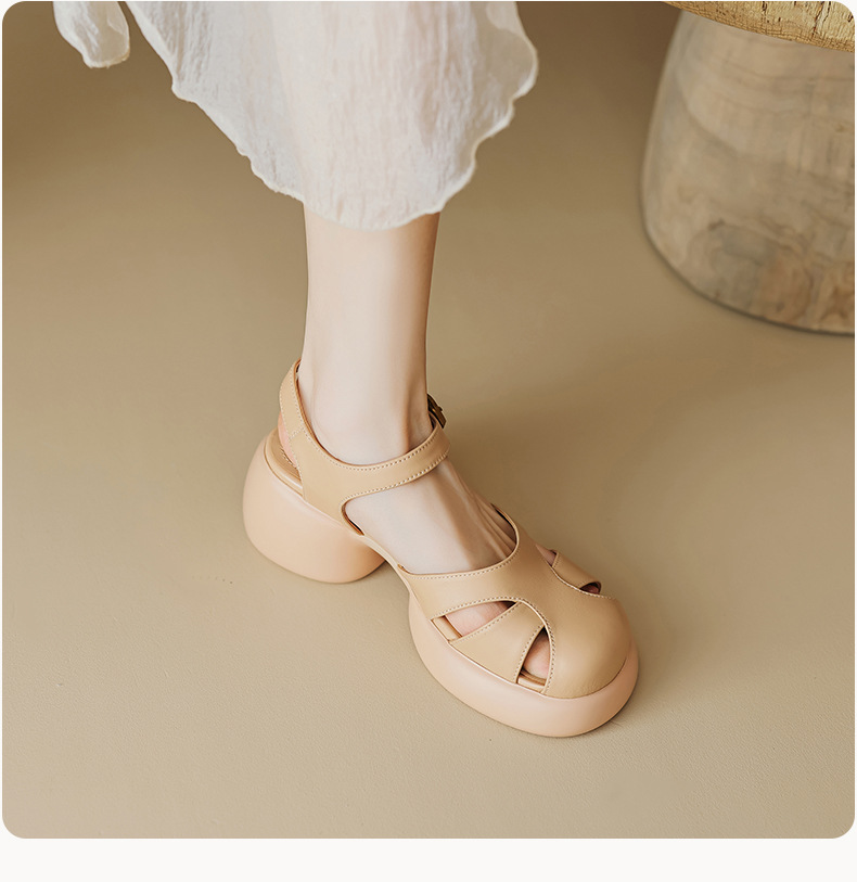 Sandal gót thô da cừu bít mũi phong cách La Mã đế dày quai ngang hở gót — Màu vàng ngỗng chi tiết 14