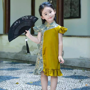 2025 New Summer Clothes for Girls, Yellow-Green Short-Sleeved Cheongsam, Kidsren's Chinese Style Splicing Small Flying Sleeve Dress