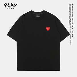 跨境HEYPLAY日系潮牌T恤男女爱心圆领纯棉短袖纯色刺绣大红心情侣