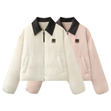 现货2025冬新款甜美显瘦拼接皮翻领羽绒服外套3J4K201