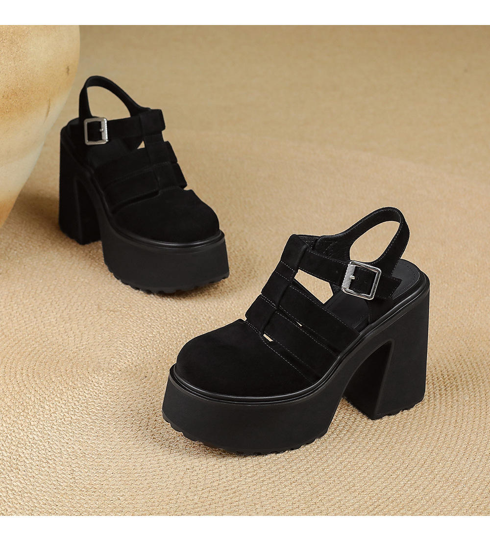 Sandal cao gót nữ mũi kín quai T đế xuồng phong cách La Mã — Da cừu lông đen, Da bò đen chi tiết 14