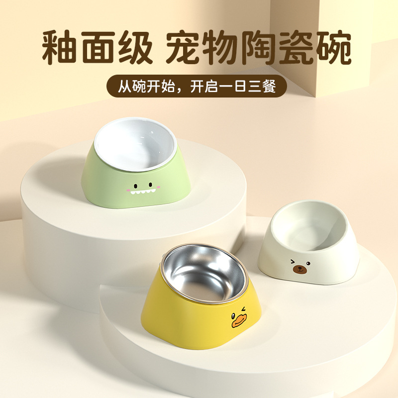 Cuenco de cerámica para gatos Cuenco para perros de acero inoxidable para proteger la columna cervical, boca oblicua, tazón doble, bebedero automático de comida lenta, tazón para mascotas tres en uno