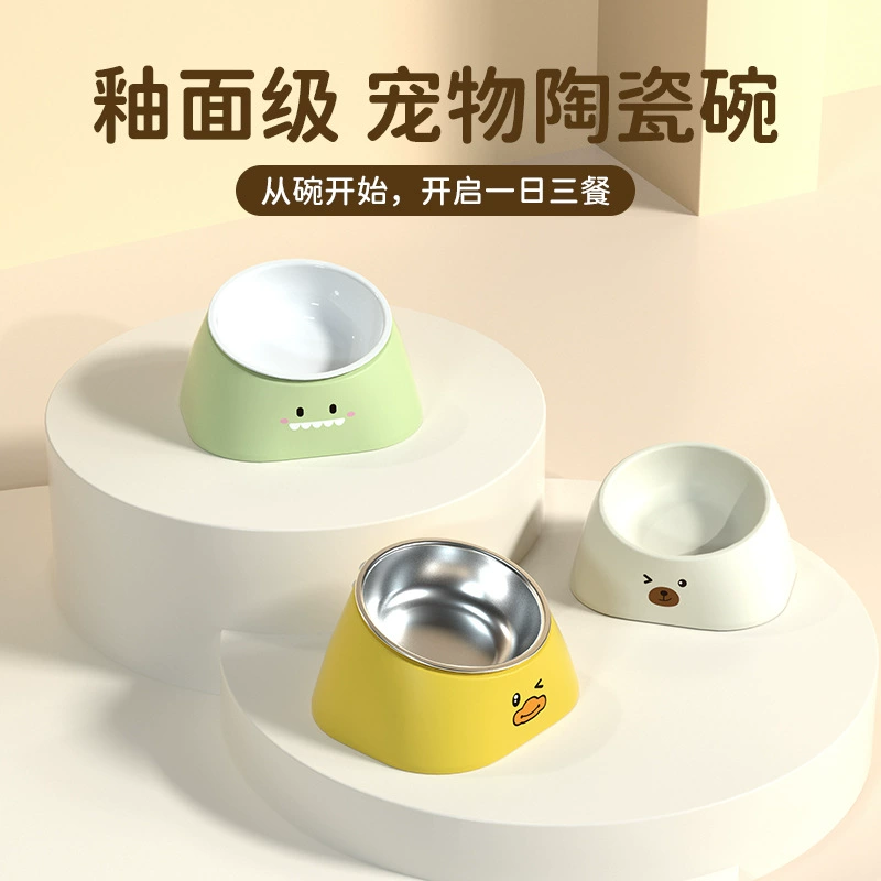Керамическая миска для кошек Нержавеющая сталь миска для собак защищает шейный отдел позвоночника с двумя чашами медленная еда Автоматическая поилка для питья три в одном миска для домашних животных