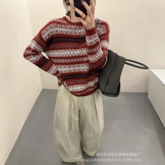琪镌绘制圆领条纹针织毛衣女装宽松慵懒风韩版长袖打底上衣98306