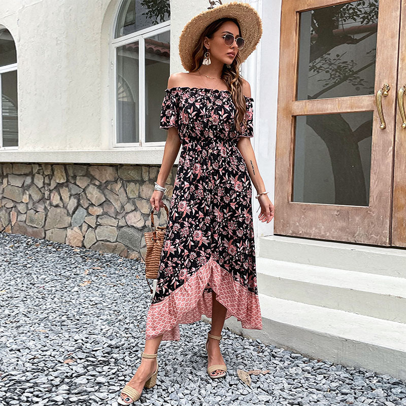 【Bai Fen Zhi Yi】Amazon Foreign Trade Summer European and American Cross-Border Retro Pastoral Style Off-Shoulder Printed Dress 【Bai Fen Zhi Yi】Amazon Foreign Trade Summer European and American Cross-Border Retro Pastoral Style Off-Shoulder Printed Dress