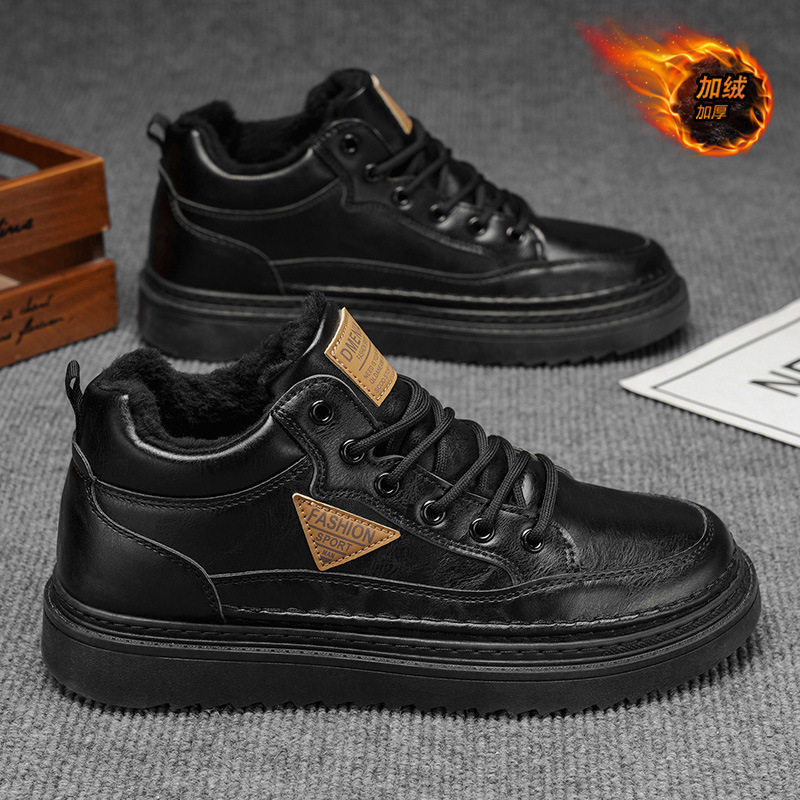 Giày nam cổ cao lót lông giữ ấm, giày da tổng hợp đế cao su chống trượt kiểu Martin — PW2323-1 cộng với nhung đen, PW2323-1 plus nâu nhung