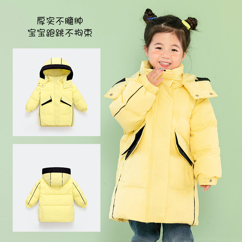 Chubby elefante invierno niños y niñas ropa infantil chaqueta infantil mediana y grande para niños color a juego con capucha cálido pato blanco abajo abrigo largo
