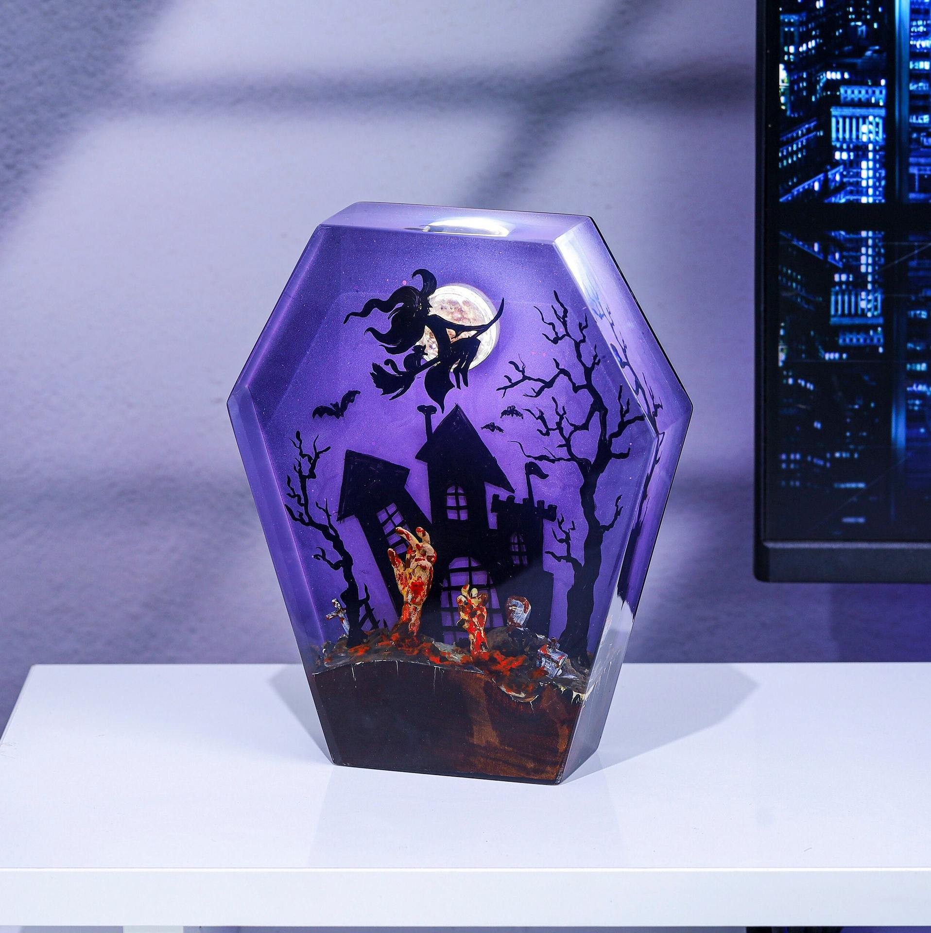 Halloween noche lámpara de resina epoxi lámpara brujas y escobas estereoscópicos polígonos adornos de regalo para los amantes de la película