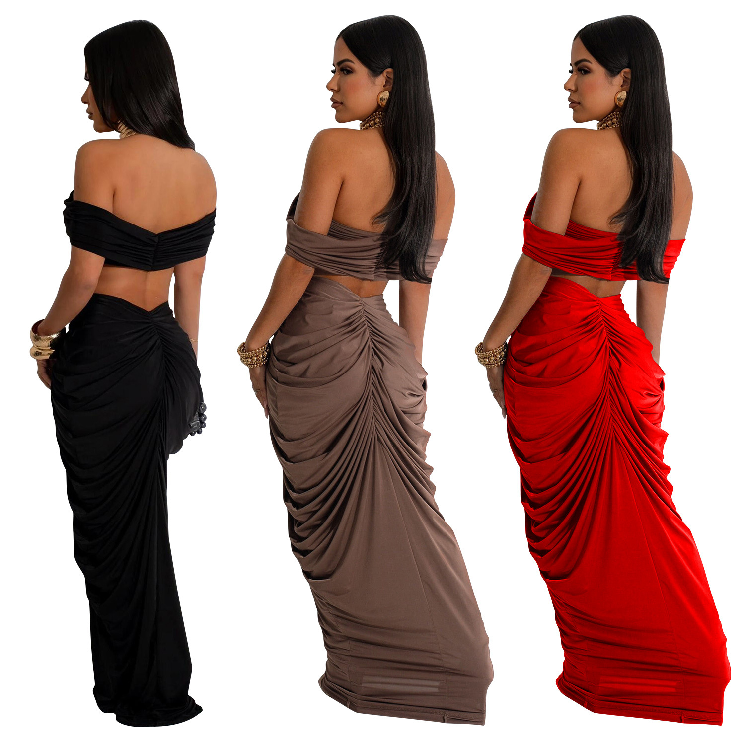 C6822 transfronterizo AliExpress Amazon ropa de mujer de moda europea y americana de color sólido sexy tubo superior Falda plisada conjunto de dos piezas image 6