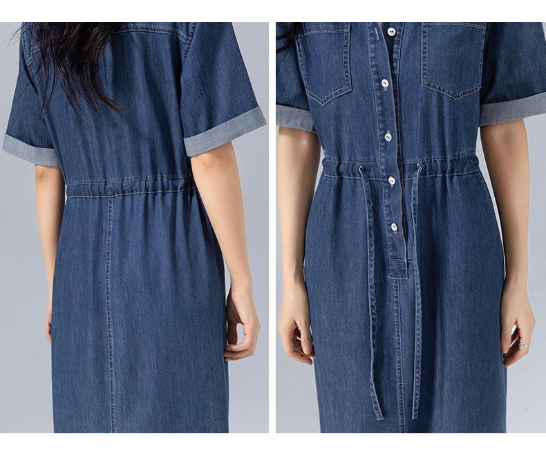 Váy liền dáng dài polo cotton thắt eo dây rút tay ngắn mùa hè — Màu xanh lam chi tiết 13