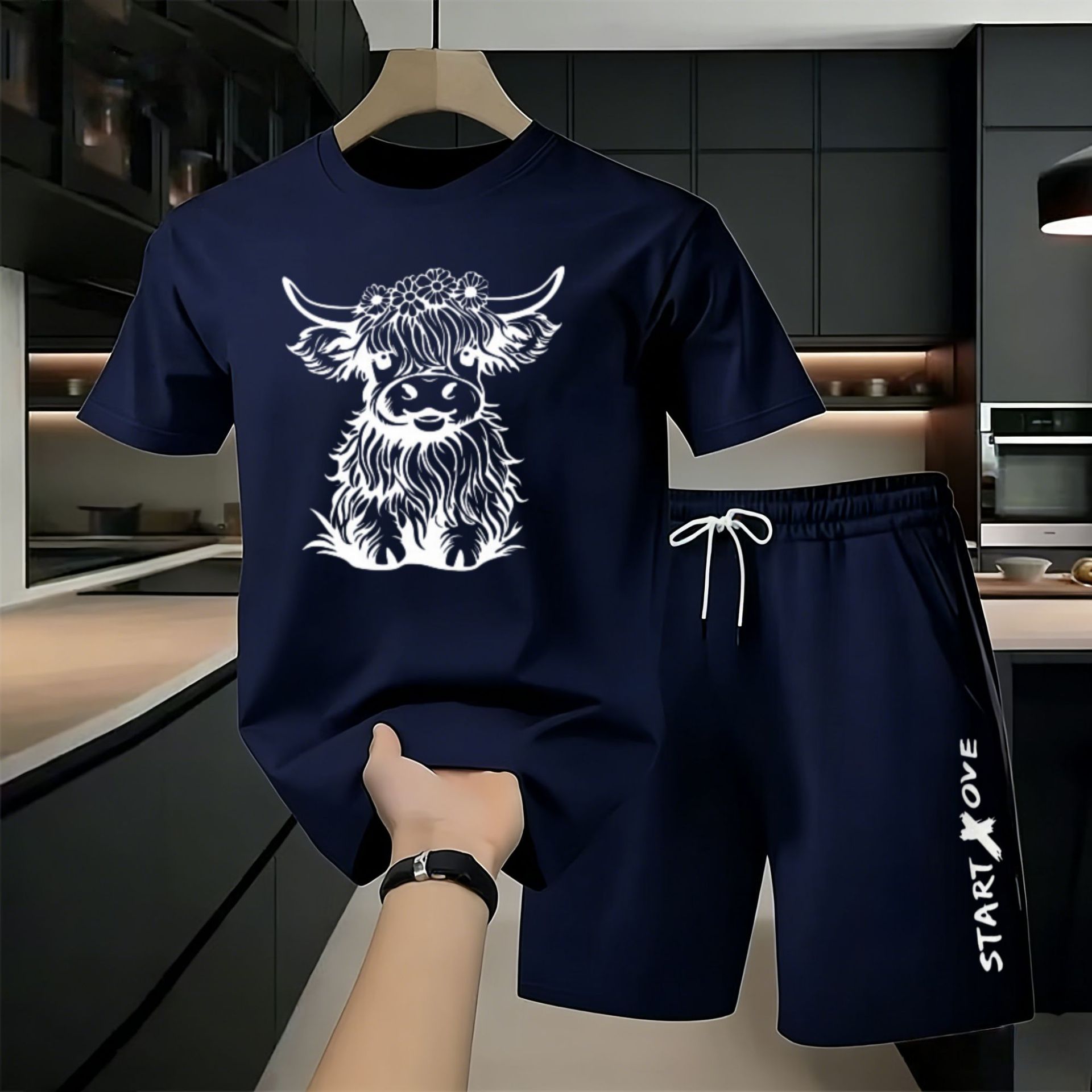 2026 Spring And Summer New Small Flower Highland Cow Print, Men's Outdoor Indoor Sports Suit, Short-sleeved Shorts Two-piece Set_viptrois.com