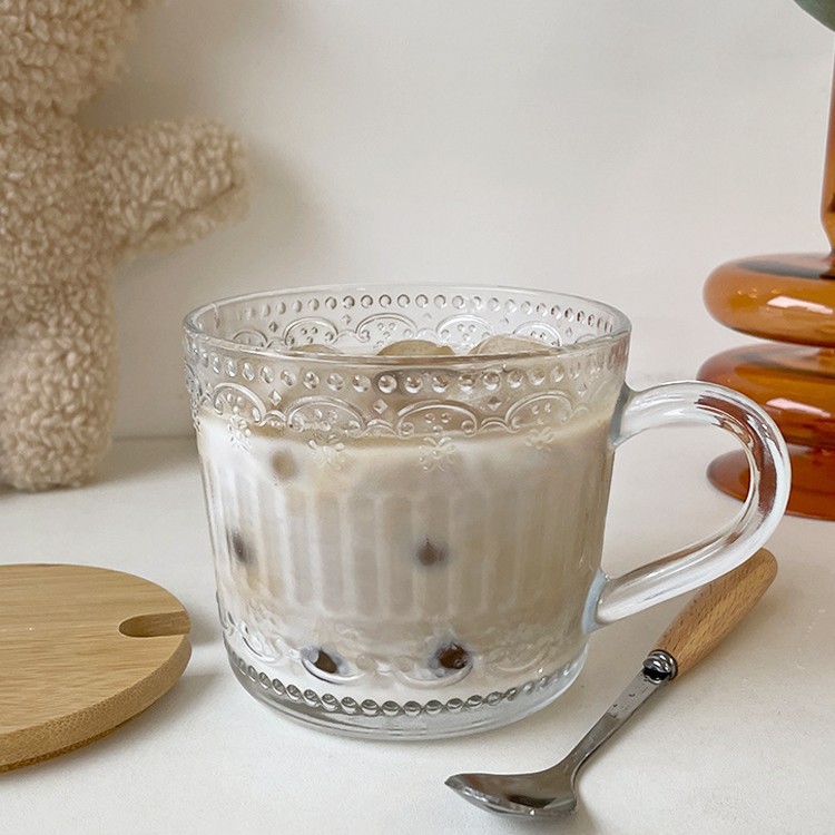 Taza de vidrio con tapa cuchara taza de leche con mango taza de café de alto aspecto hogar Retro en relieve taza de desayuno de avena