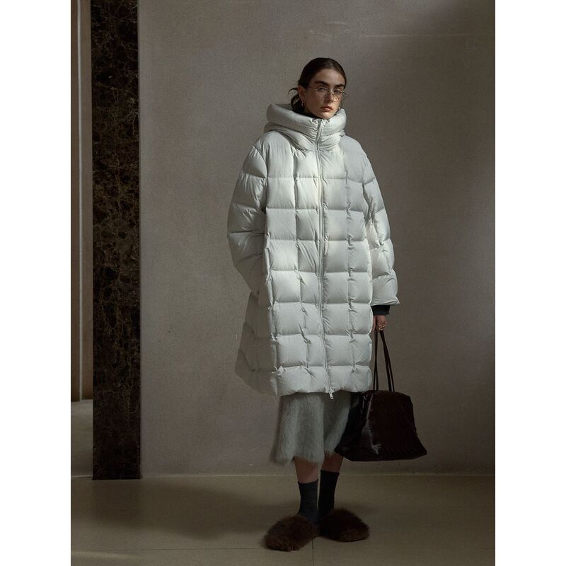 [Common Line] Winter New Style 90 White Duck down Checkered High-Density Direct-Fill Hooded Anti-Wrinkle down Jacket for Women C5354