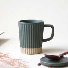 日式复古粗陶杯子陶瓷咖啡杯马克杯带盖竖纹挂耳杯亚马逊跨境货源