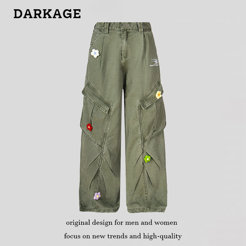 American Retro Multi-Pocket Cargo Jeans for Men and Women, Couple Style, American Loose Trendy Brand Embroidered Paratrooper Long Pants for Men