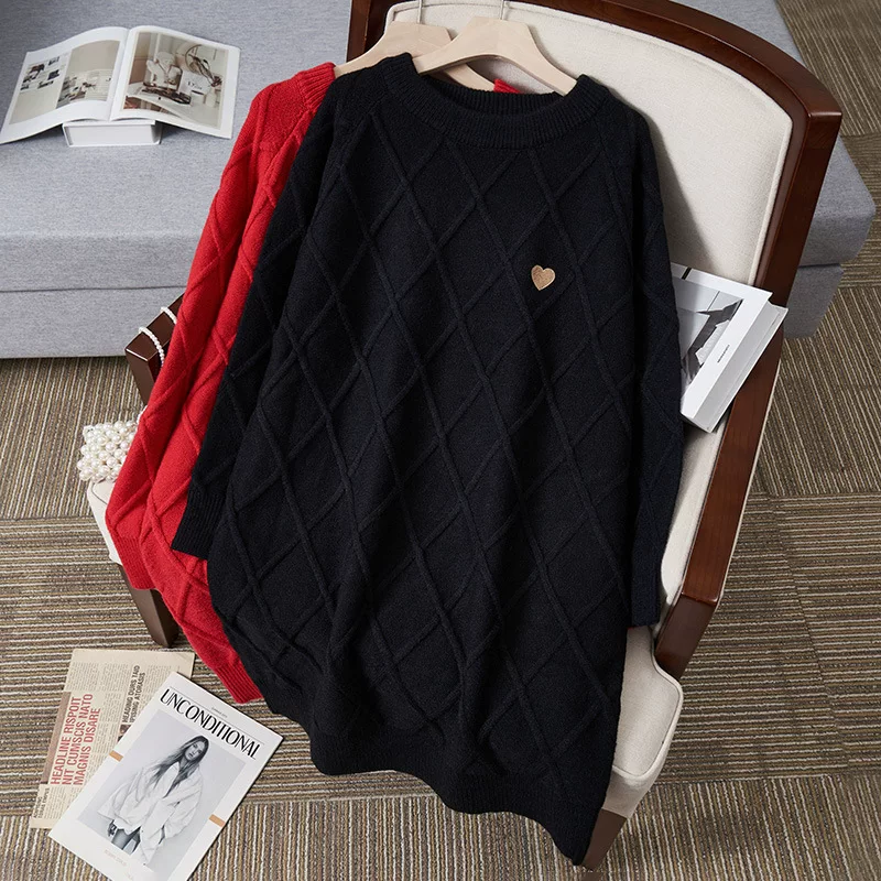 Winter long knitted sweater, plus size, mid-length, round collar, Korean style
