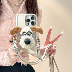 日韓ins風手機背夾可調節斜挎繩背帶卡通公仔毛絨蝴蝶結狗狗掛脖