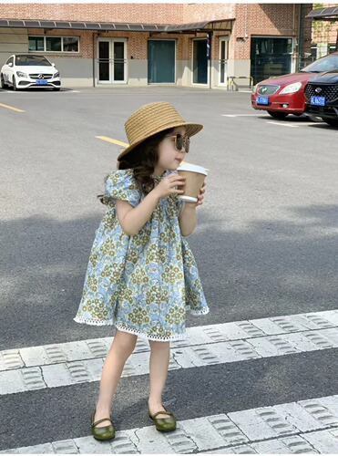Children's Summer 2024 Fashion Floral Dress French Style Sweet Princess Dress Puff Sleeve Short Sleeve Dress