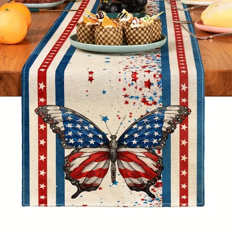 Transfronterizo 2024 nuevo día de la independencia de los Estados Unidos lino bandera de mesa bandera estrella y rayas tela de mesa de comedor cama de té tela de mesa