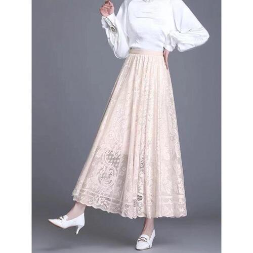 Lace long skirt and skirt for women in spring 2025 new A-line skirt high-waisted slim big hem skirt covering hips pleated skirt