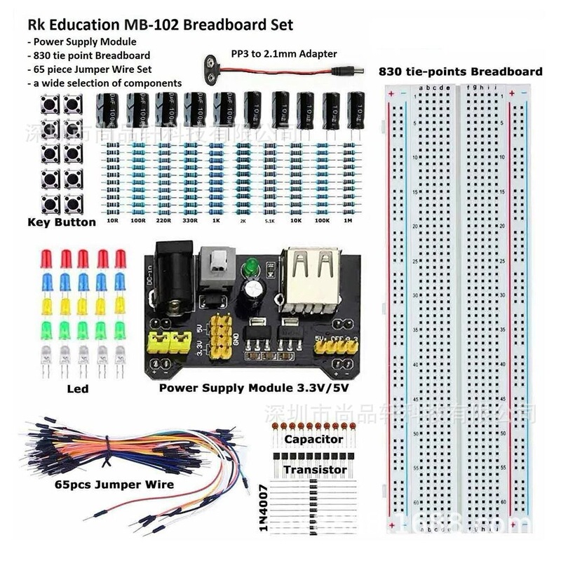 830 Holes Set Type Mb102 Breadboard Capacitor Led Buzzer Resistor Electronic Components Kit