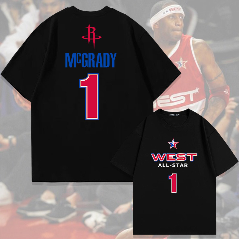 Basketball Sports Star Tracy McGrady No.1 Pure Cotton Short-sleeved T-shirt Men's Summer Fashion Brand Loose Shoulder Shoulder Half-sleeve Upper Clothes