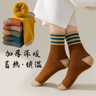 Thickened Striped Socks Women's Mid-length Socks Ins Fashionable Cotton Socks Autumn and Winter fleece-lined Warm Japanese Vintage Trill Stockings