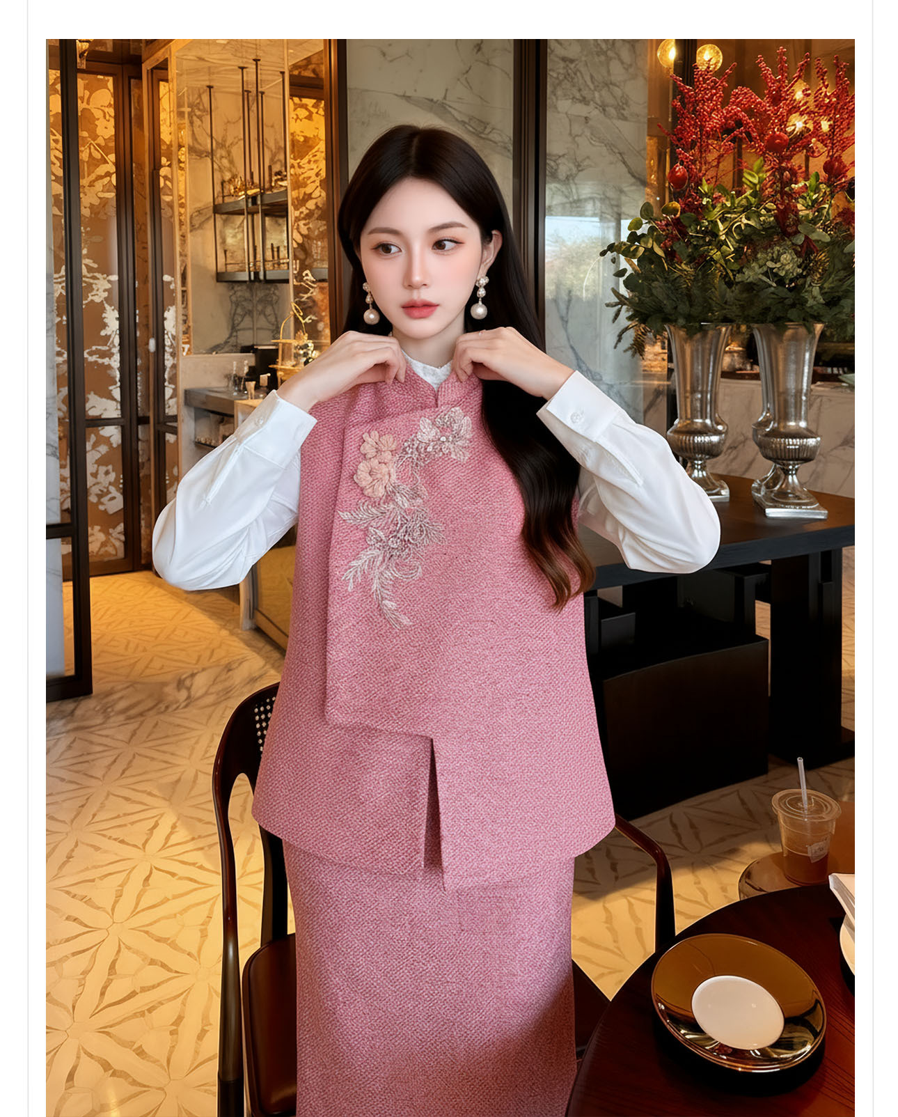 Bộ áo gile không tay và chân váy midi tân cổ điển đính cườm sang trọng — nửa váy, Trang chủ chi tiết 6