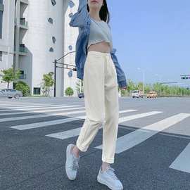 米白色哈伦牛仔裤女2023春夏高腰小个子宽松显瘦老爹裤萝卜直筒裤
