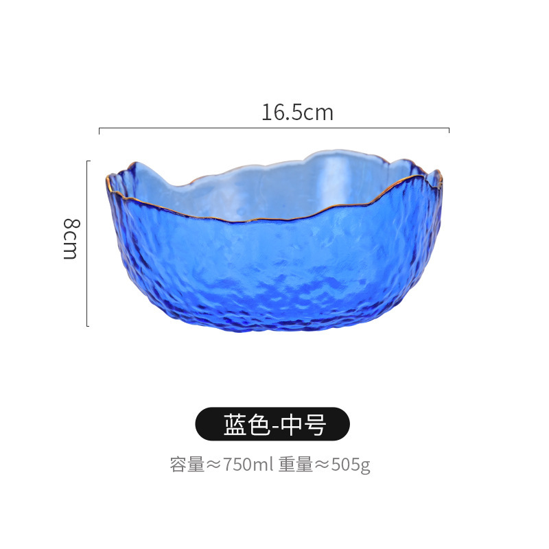 Venta al por mayor estilo nórdico patrón de martillo transparente borde dorado ensaladera de vidrio hogar plato de fruta de postre de alto aspecto vegetal