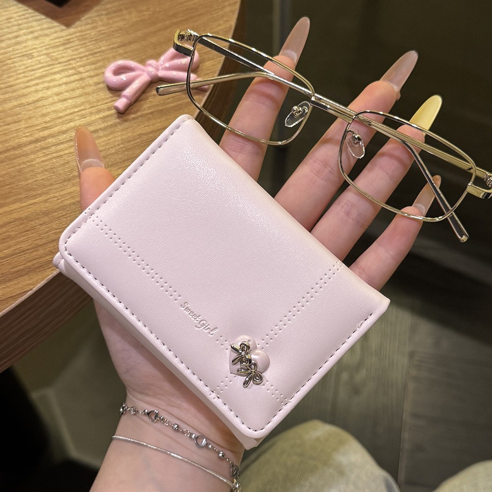Love Bow Short Wallet for Women, New Korean Style Cute Large-Capacity Card Holder, Girly Multi-Card Slot Id Holder