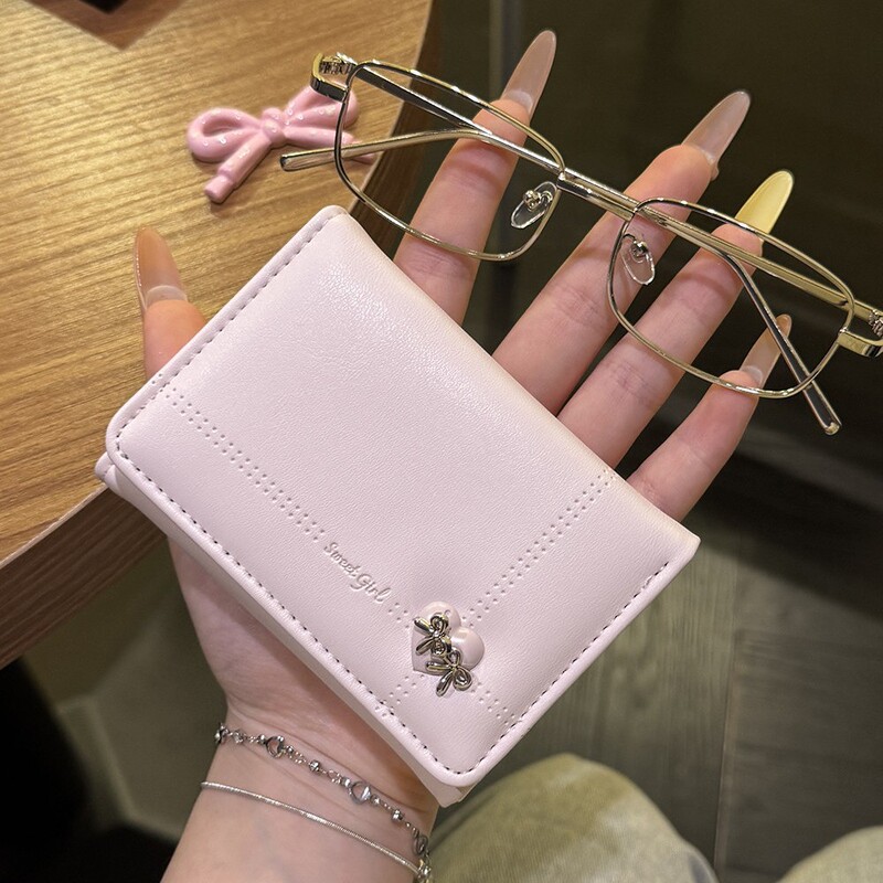 Love Bow Short Wallet for Women, New Korean Style Cute Large-Capacity Card Holder, Girly Multi-Card Slot Id Holder