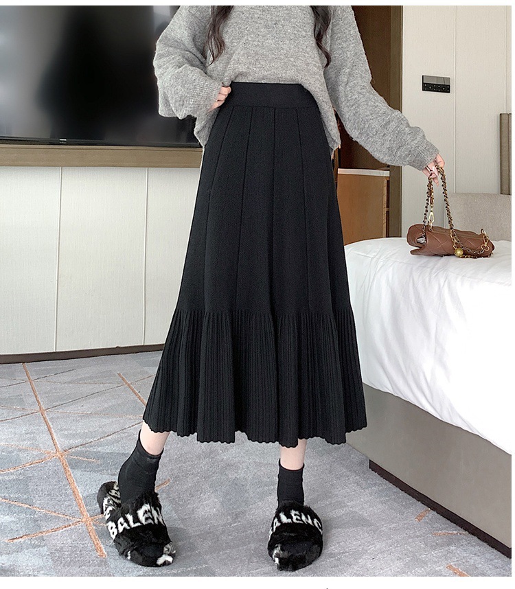 Pleated Knitted Skirt Women'S Autumn And Winter New Fashion High Waist Korean Version Casual And Thin Big Swing Skirt A-Shaped Skirt Umbrella Skirt 32 Undefined