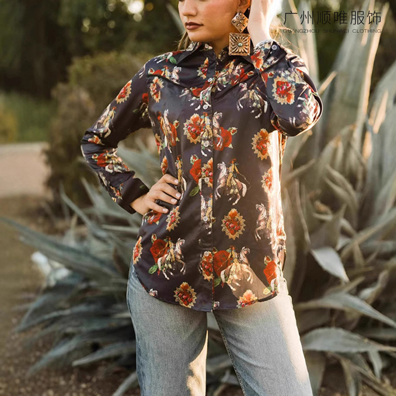 2025 New Cross-Border Export Long-Sleeved Lapel Shirt Western Cowboy Ethnic Street Print Slim Women's Shirt