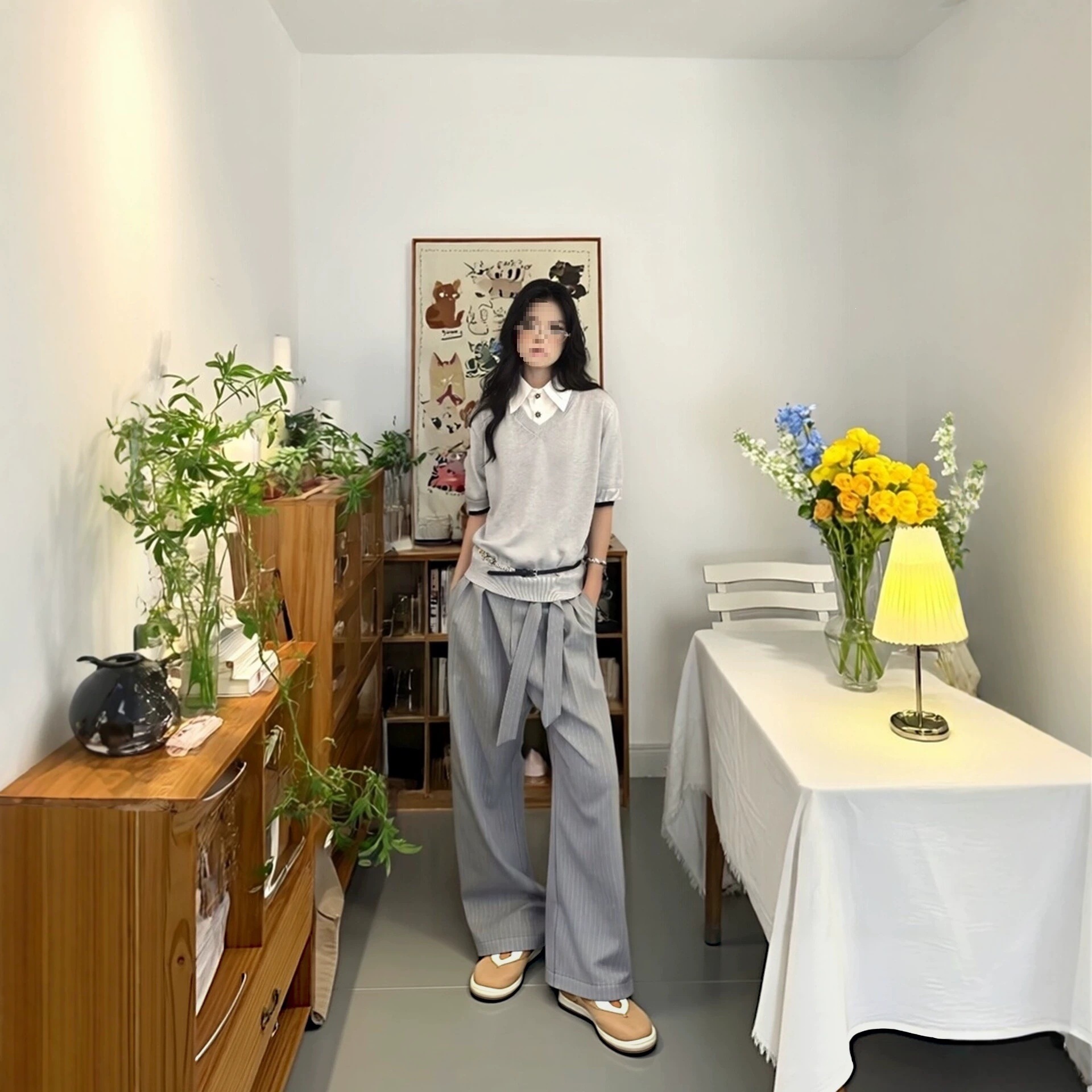 条纹TR混纺直筒可脱卸腰带剑道西裤弯刀Baggy垂感挺阔休闲裤男女
