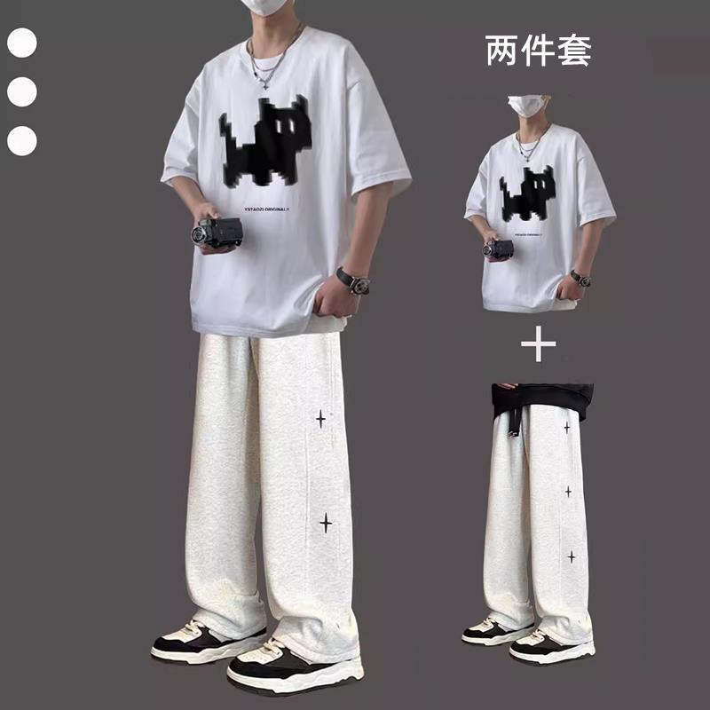 Hong Kong Style Loose Short-sleeved T-shirt Men's Summer suit Teenagers Yuppi Handsome Men's Wear Set Student Two-piece Set