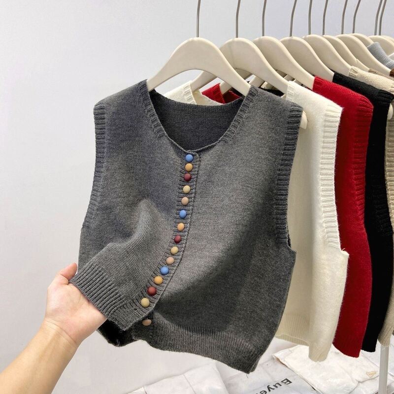 Trendy 2025 Gray Button-Up Rainbow Cardigan Sweater Spring Knitted Vest for Women